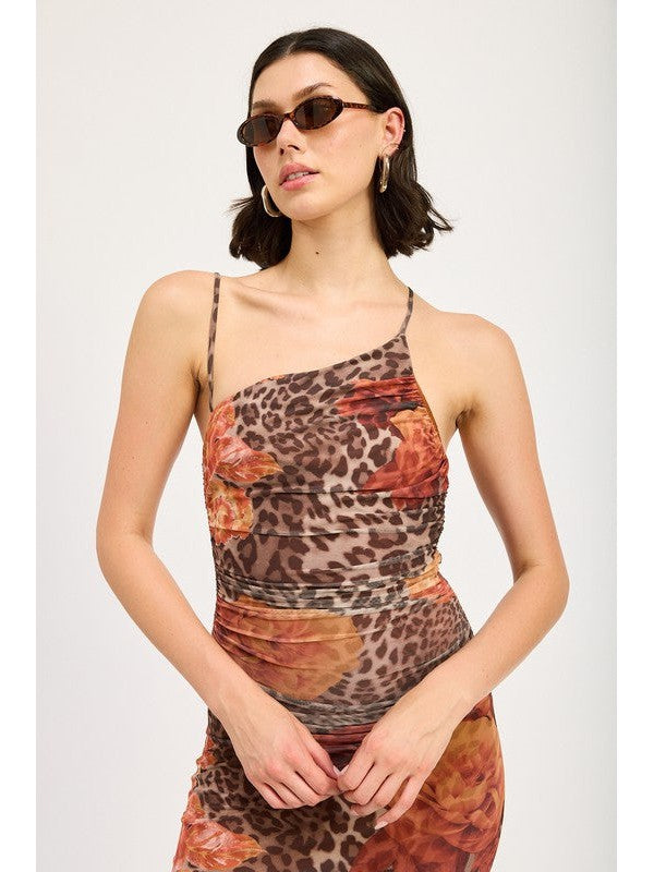 Tyra One Shoulder Leopard Print Mesh Maxi Dress