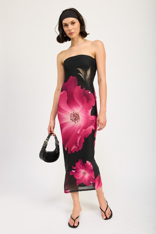 Alexia Floral Print Strapless Tube Mesh Midi Dress