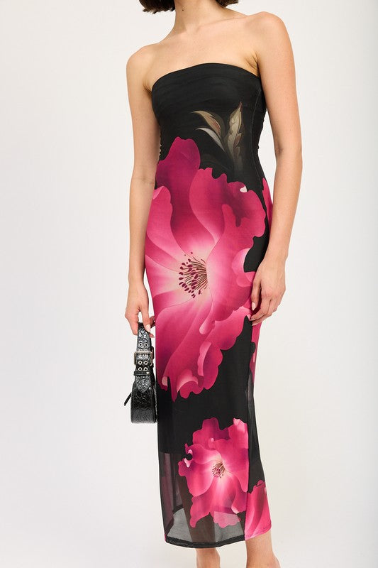 Alexia Floral Print Strapless Tube Mesh Midi Dress