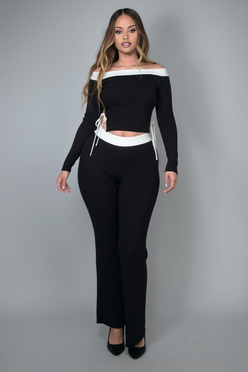 Karima Contrast Trim Off Shoulder Top And Pants Set