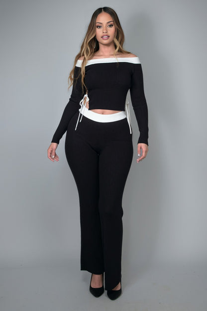 Karima Contrast Trim Off Shoulder Top And Pants Set