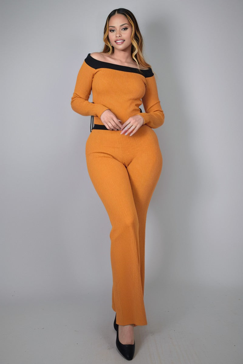Karima Contrast Trim Off Shoulder Top And Pants Set