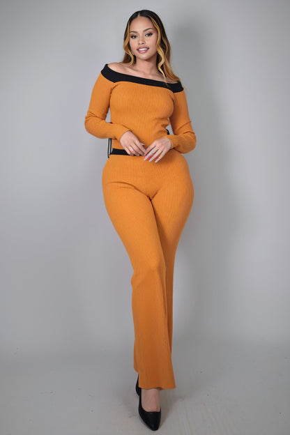 Karima Contrast Trim Off Shoulder Top And Pants Set