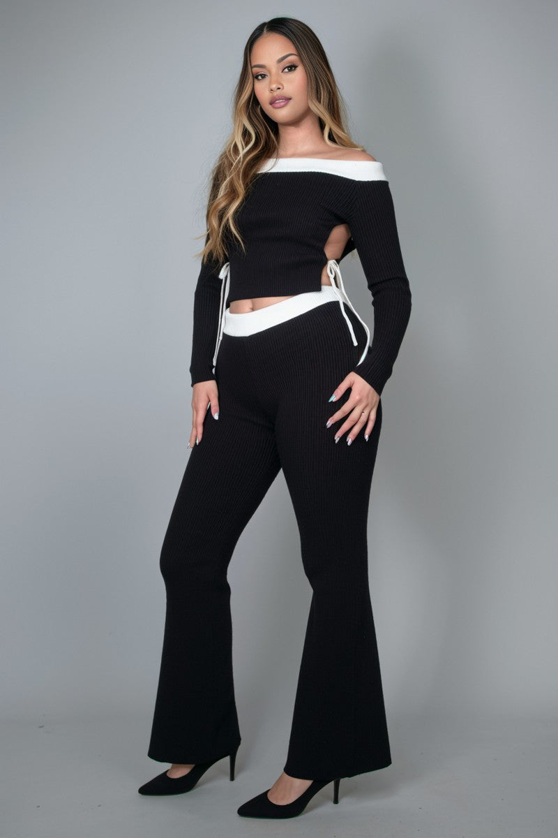 Karima Contrast Trim Off Shoulder Top And Pants Set