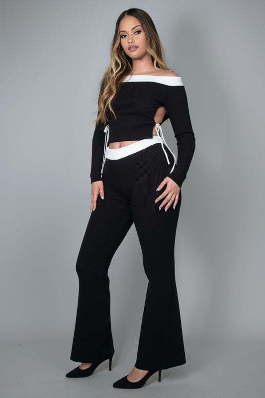Karima Contrast Trim Off Shoulder Top And Pants Set