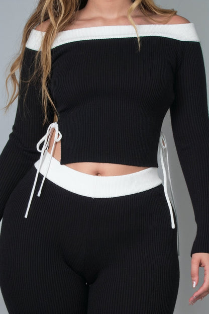 Karima Contrast Trim Off Shoulder Top And Pants Set