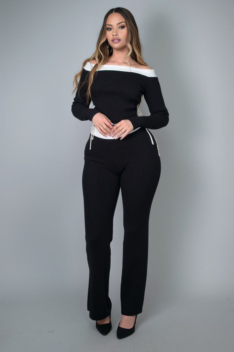 Karima Contrast Trim Off Shoulder Top And Pants Set