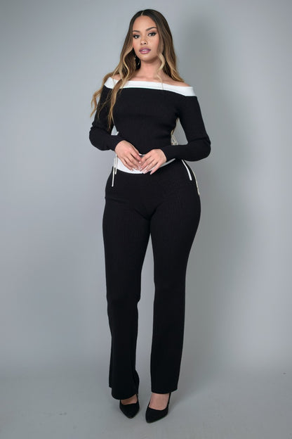 Karima Contrast Trim Off Shoulder Top And Pants Set