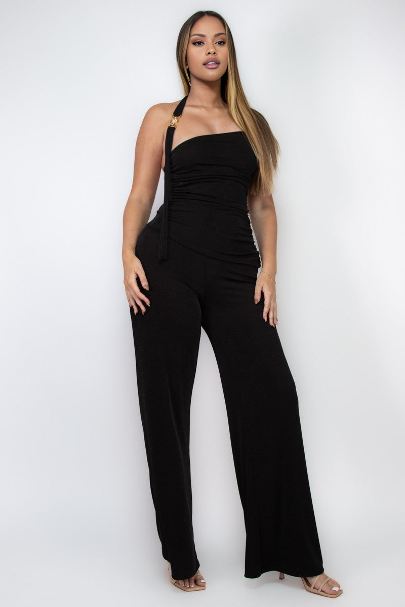 Nadine Slinky Knit Open Back Gold Trim Halter Top And Pant Set