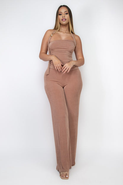 Nadine Slinky Knit Open Back Gold Trim Halter Top And Pant Set