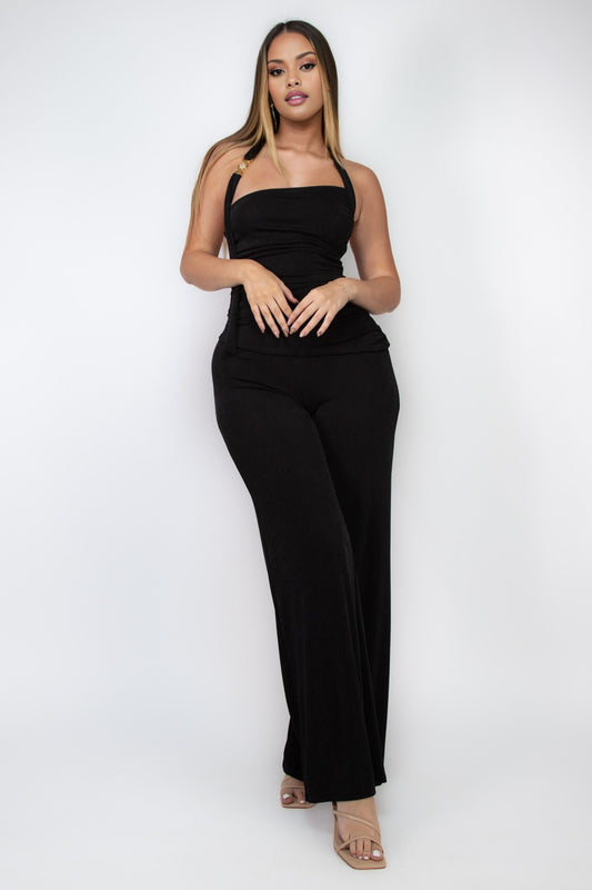 Nadine Slinky Knit Open Back Gold Trim Halter Top And Pant Set