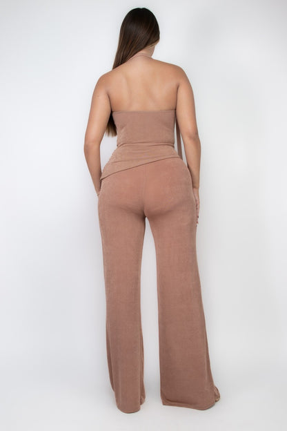 Nadine Slinky Knit Open Back Gold Trim Halter Top And Pant Set