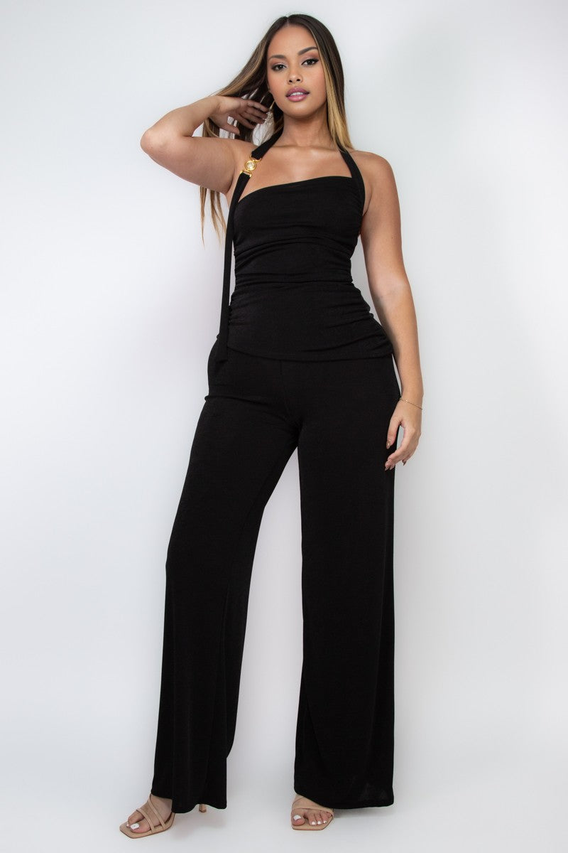 Nadine Slinky Knit Open Back Gold Trim Halter Top And Pant Set