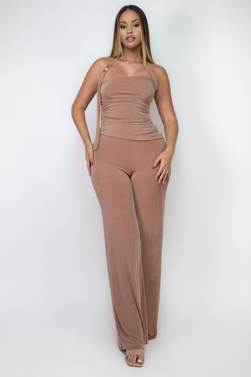 Nadine Gold Trim Halter Neck Slinky Knit Two Piece Pant Set