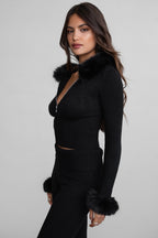 Samantha Faux Fur Trim Sweater Knit Two Piece Pant Set