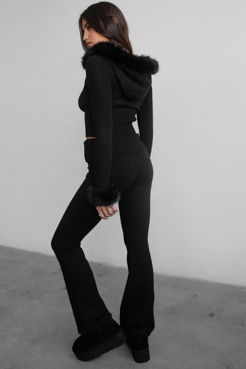 Samantha Faux Fur Trim Sweater Knit Two Piece Pant Set