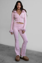 Samantha Faux Fur Trim Sweater Knit Two Piece Pant Set