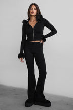 Samantha Faux Fur Trim Sweater Knit Two Piece Pant Set
