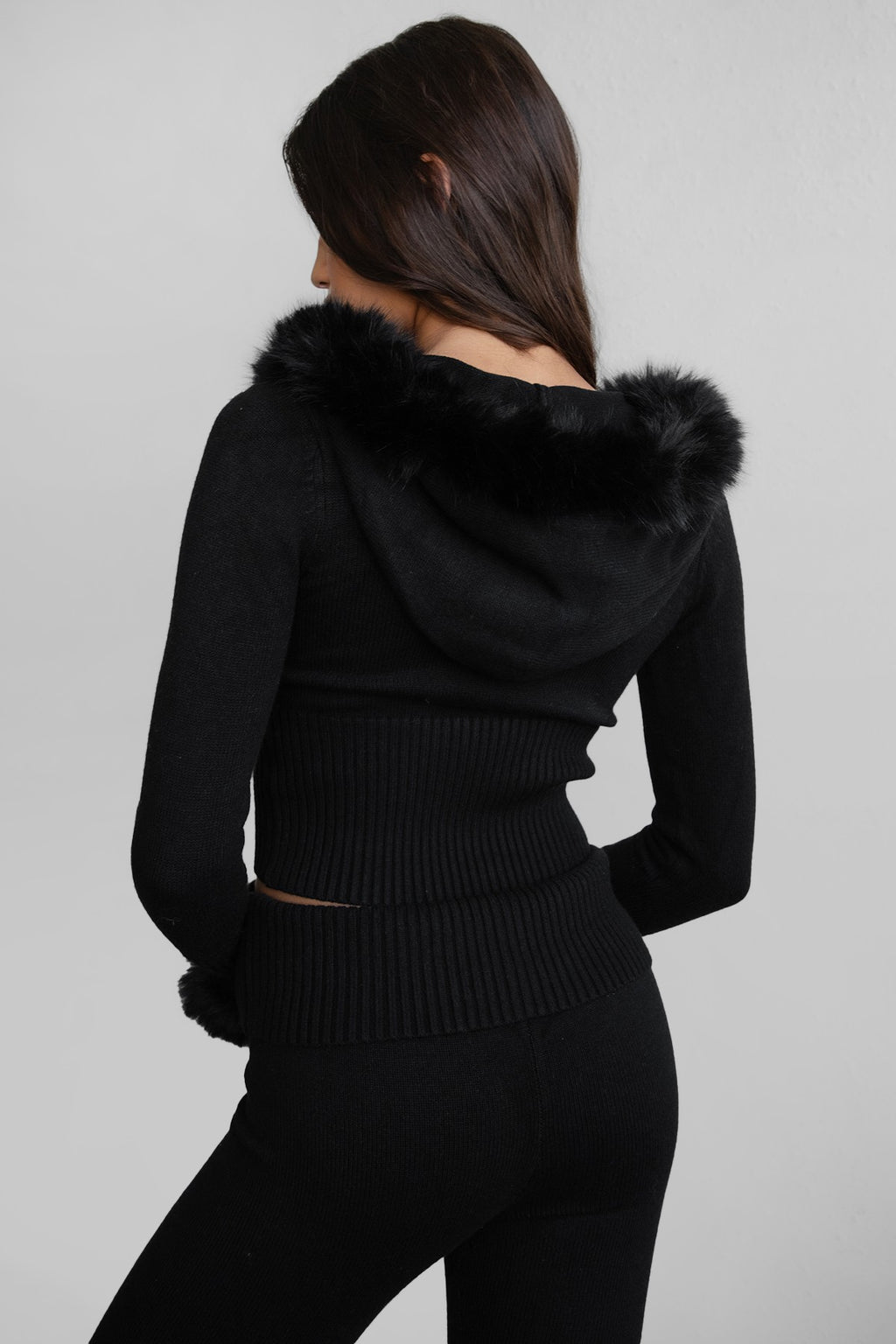 Samantha Faux Fur Trim Sweater Knit Two Piece Pant Set