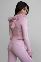 Samantha Faux Fur Trim Sweater Knit Two Piece Pant Set