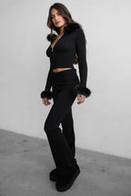 Samantha Faux Fur Trim Sweater Knit Two Piece Pant Set