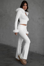 Samantha Faux Fur Trim Sweater Knit Two Piece Pant Set