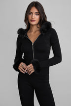 Samantha Faux Fur Trim Sweater Knit Two Piece Pant Set
