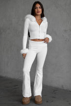 Samantha Faux Fur Trim Sweater Knit Two Piece Pant Set