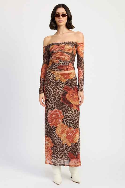 Wild Roses Leopard Print Mesh Maxi Skirt