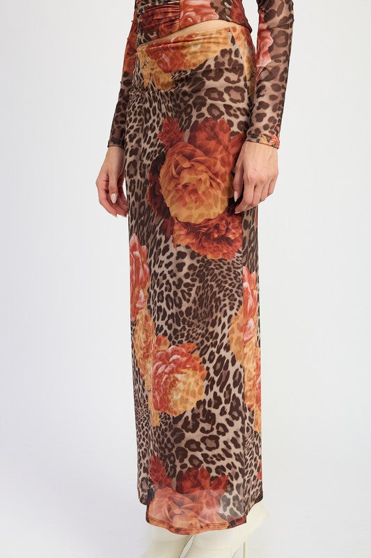 Wild Roses Leopard Print Mesh Maxi Skirt