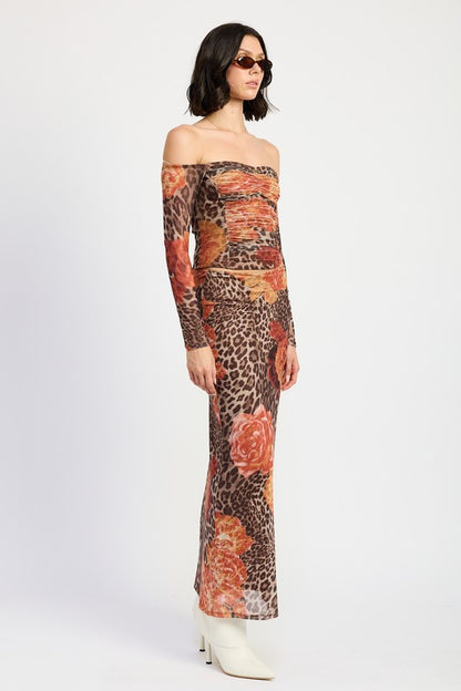 Wild Roses Leopard Print Mesh Maxi Skirt