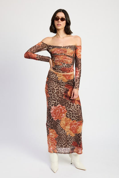 Wild Roses Leopard Print Mesh Maxi Skirt