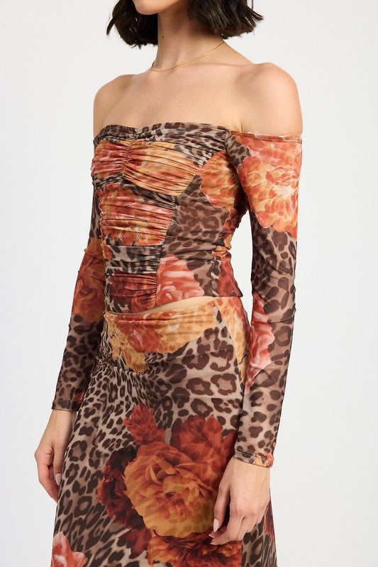 Wild Roses Leopard Print Off Shoulder Mesh Top