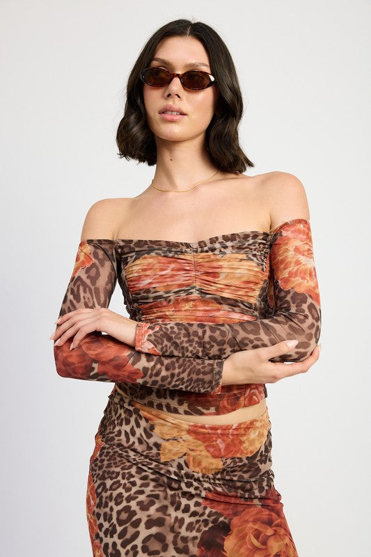 Wild Roses Leopard Print Off Shoulder Mesh Top