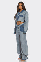 Jenny Two Tone Contrast Denim Cropped Jacket & Pants Set