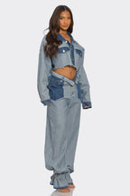 Jenny Two Tone Contrast Denim Cropped Jacket & Pants Set
