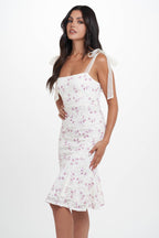 Enaya Square Neck Floral Lace Print Mesh Midi Dress