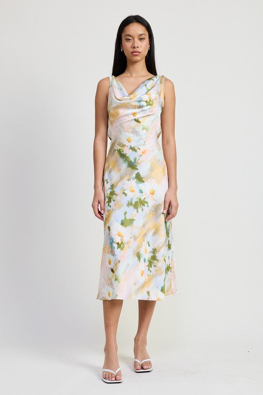 Palomina Cowl Neck Floral Print Satin Midi Dress