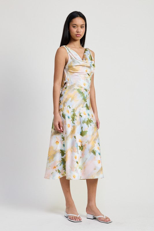 Palomina Cowl Neck Floral Print Satin Midi Dress