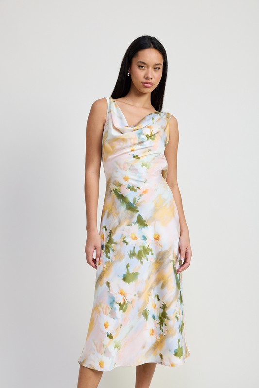 Palomina Cowl Neck Floral Print Satin Midi Dress