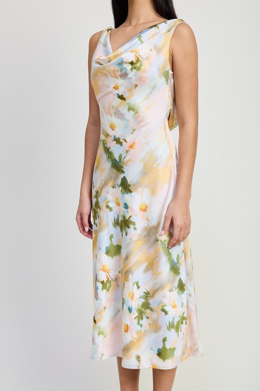 Palomina Cowl Neck Floral Print Satin Midi Dress