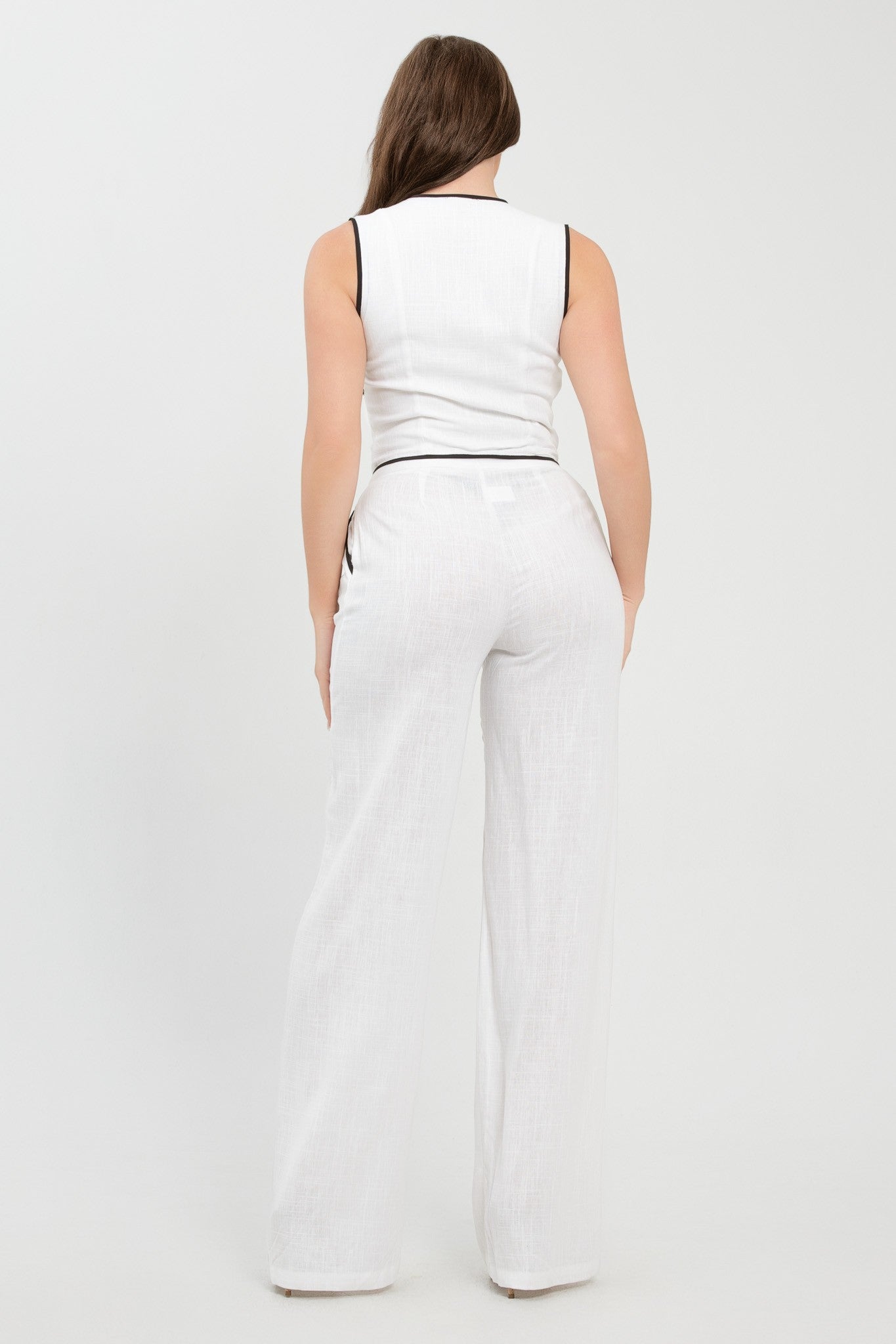 Eva Contrast Trim Linen Button Front Vest And Pants Set