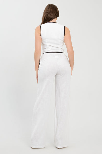 Eva Contrast Trim Linen Button Front Vest And Pants Set