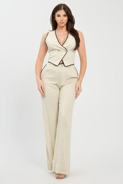 Eva Contrast Trim Linen Button Front Vest And Pants Set