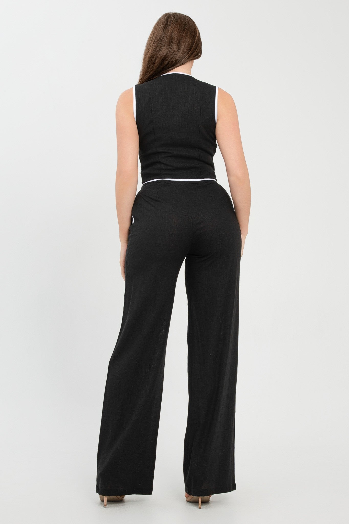 Eva Contrast Trim Linen Button Front Vest And Pants Set