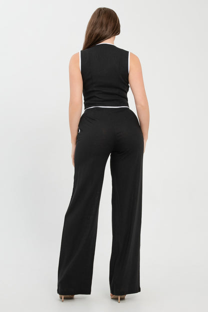 Eva Contrast Trim Linen Button Front Vest And Pants Set