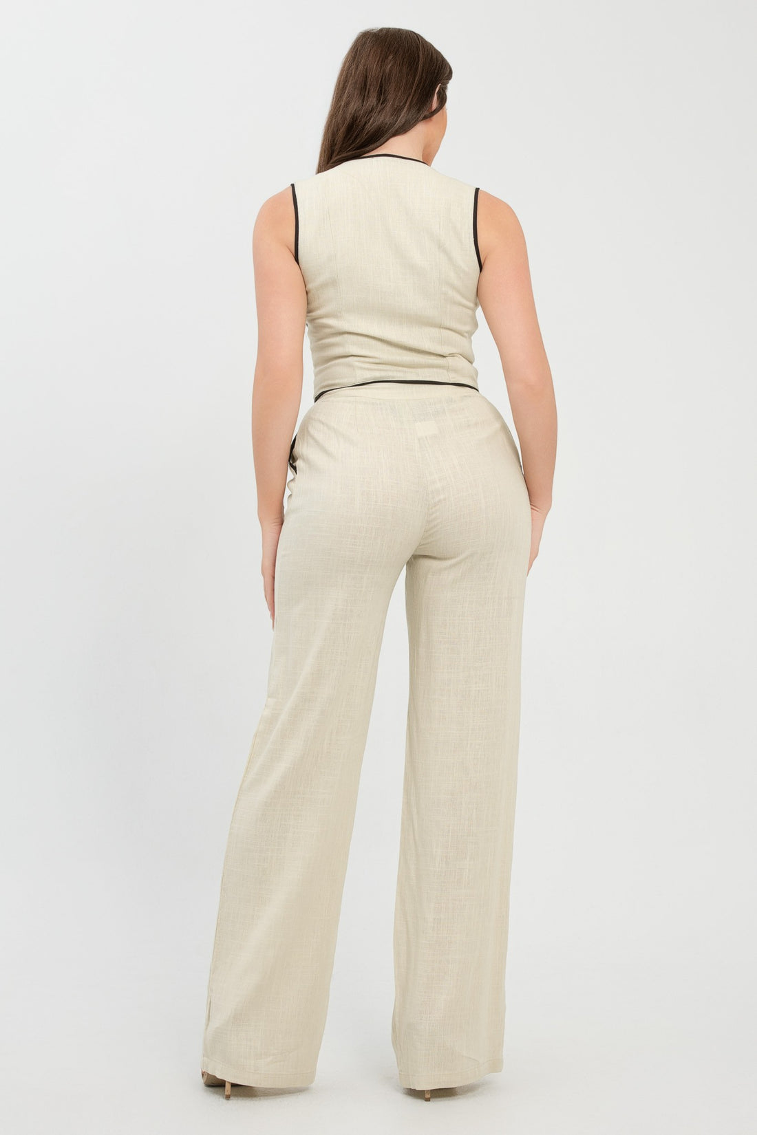 Eva Contrast Trim Linen Button Front Vest And Pants Set