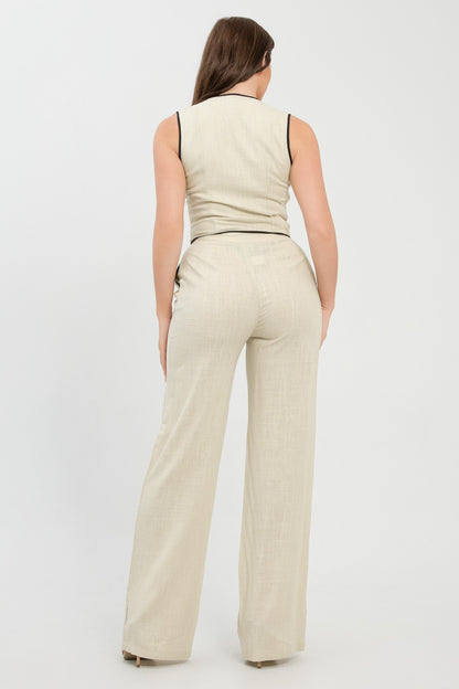 Eva Contrast Trim Linen Button Front Vest And Pants Set