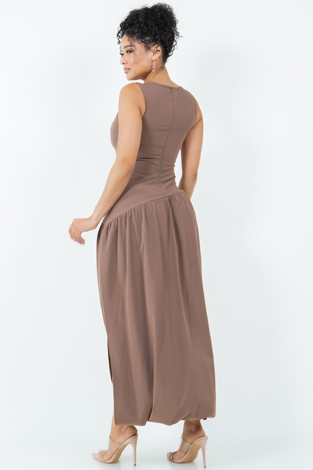 Deborah Sleeveless Bubble Hem Slit Front Maxi Dress