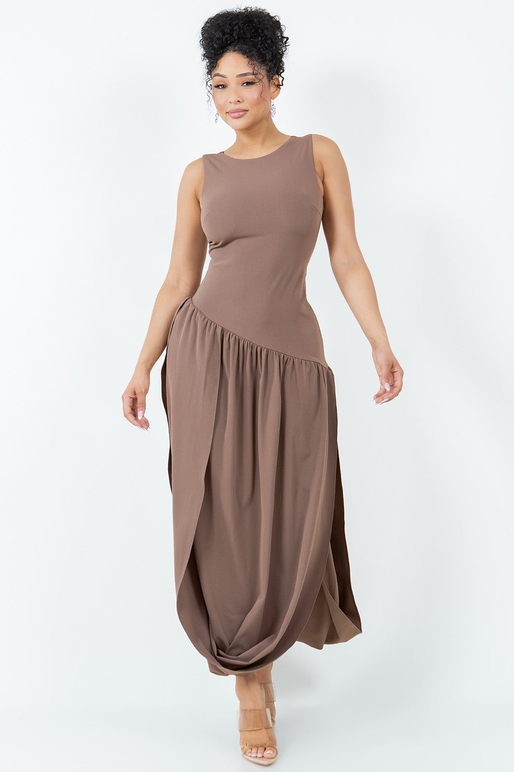 Deborah Sleeveless Bubble Hem Slit Front Maxi Dress